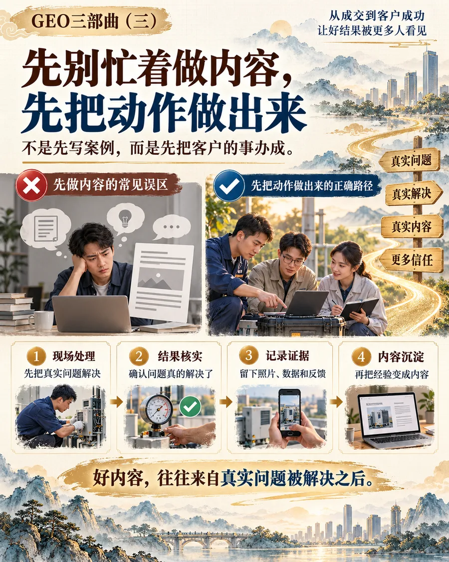 GEO三部曲(三):先把真实问题解决、核实结果、记录证据,再沉淀内容