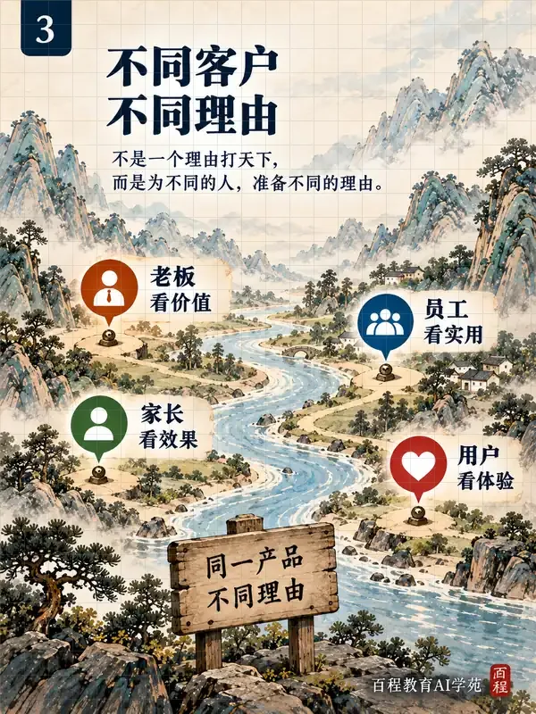 不同客户，不同理由：同一产品面对不同角色，选择理由也不同。